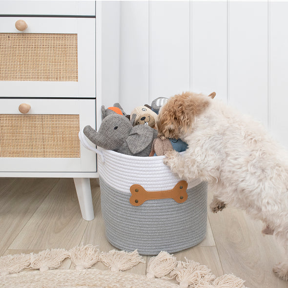 100% Cotton Rope Dog Toy Hamper - Grey/Bone